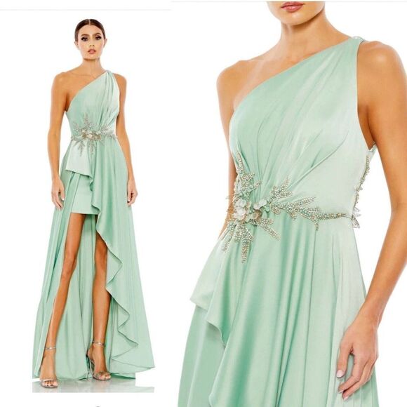 Mac Duggal 11262 sage One Shoulder Grecian High Low Gown Dress Prom NWT 4 - Picture 1 of 11